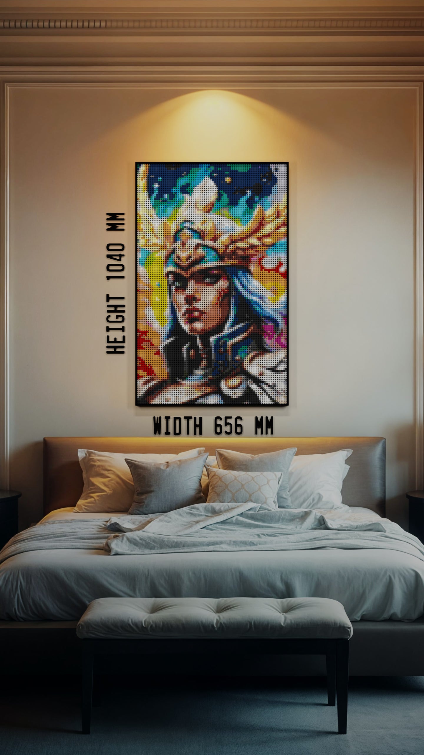 Valkyrie Vibrance LEGO® Style mosaic wall art made from colorful plastic bricks